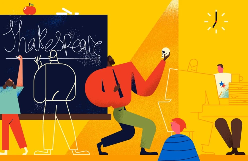 Illustrated scene with an instructor figure holding a skull, teaching Shakespeare to students. Vector art with a yellow background.