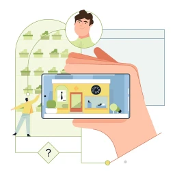 Digital illustration by Adam Avery showing a hand holding a smartphone displaying a storefront graphic with connected profile and shelves