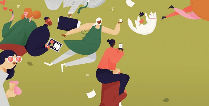 Vector illustration by Adam Avery featuring people and a cat floating against a green background