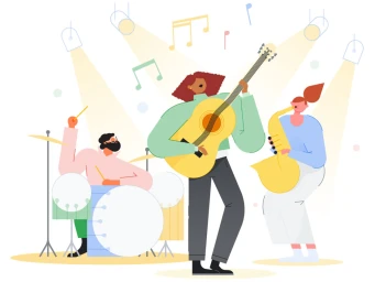 Digital illustration of a jazz band performing with a drummer, guitarist, and saxophonist on stage