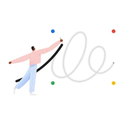 Illustration by Adam Avery of a person drawing a large black and grey loop against a white background with coloured dots