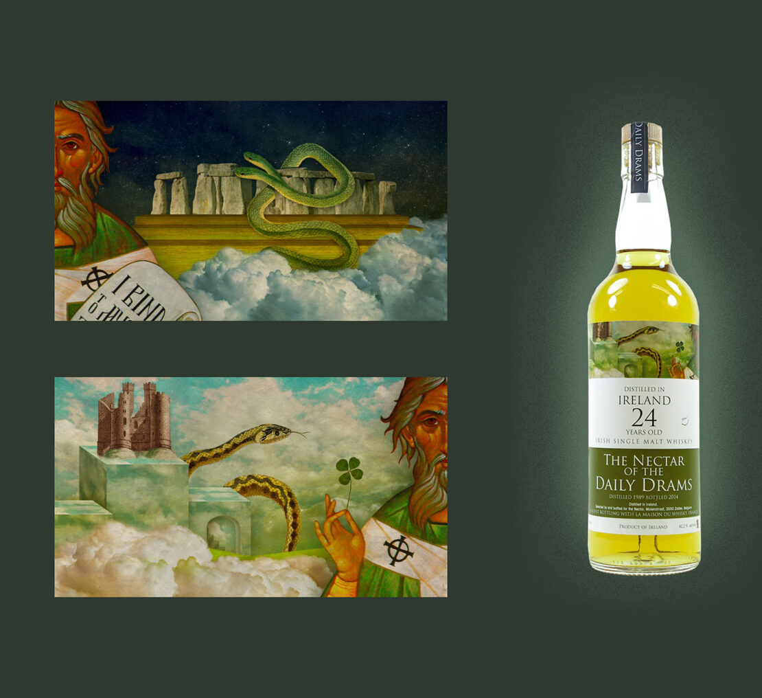 Bottle of Irish single malt whiskey with label art showing religious figure, snake, clover, and landmarks, set against a dark green background.