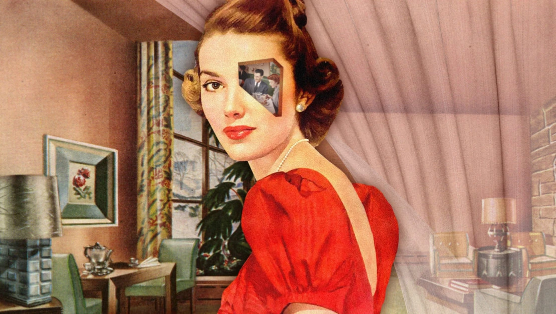 Retro collage art features a woman with red lipstick and pearl necklace, set against a vintage interior with a window and dining table.