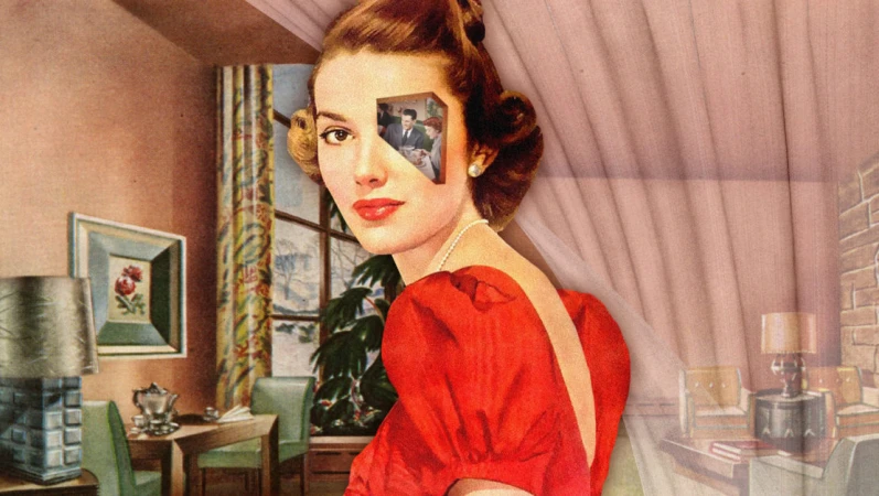 Retro collage art features a woman with red lipstick and pearl necklace, set against a vintage interior with a window and dining table.