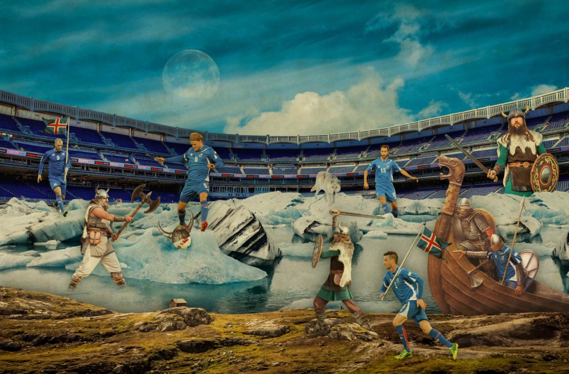 Soccer players and Vikings in a digitally enhanced collage featuring a stadium background, icebergs, and dramatic sky with a full moon.