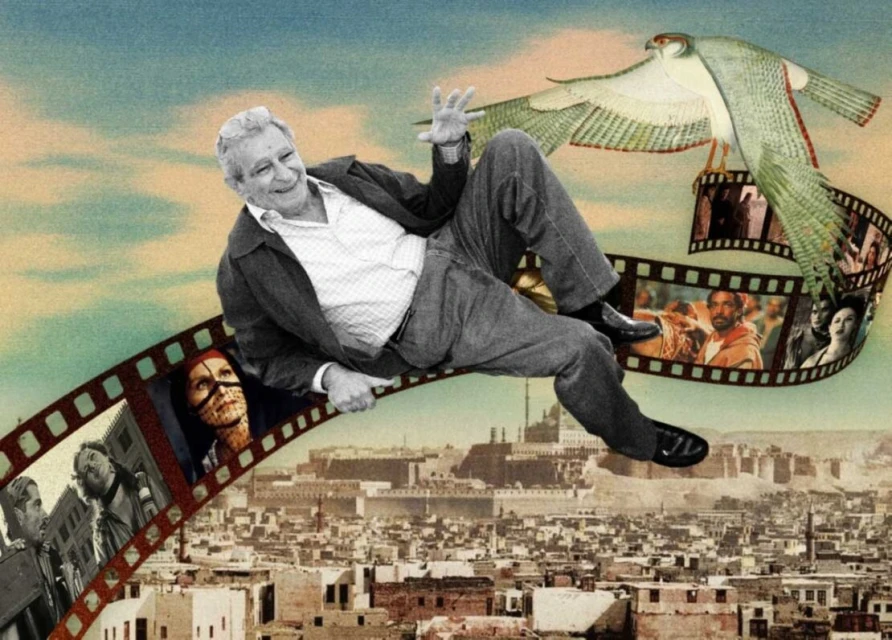 Collage of an adult man floating over a city skyline, riding a film reel with stills, with a bird above, against a textured sky.