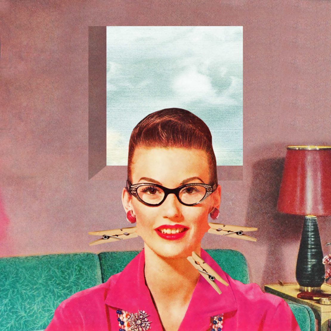Retro-style illustration of a woman with auburn hair, glasses, and clothespin accessories, set against a pink wall with a window.