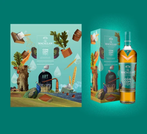 Concept Number 1 whisky bottle and packaging featuring artistic surreal landscape illustration in teal, green, brown, and gold tones.