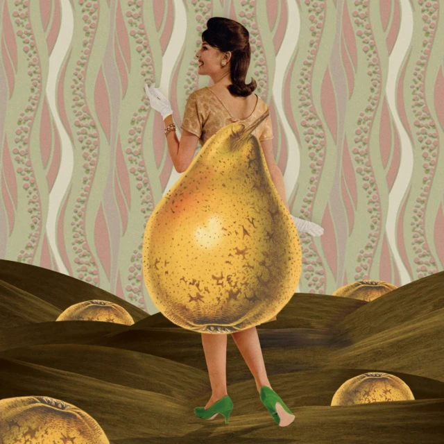 Whimsical collage art featuring a woman in a gold dress and green heels, superimposed with a large pear in a surreal landscape.