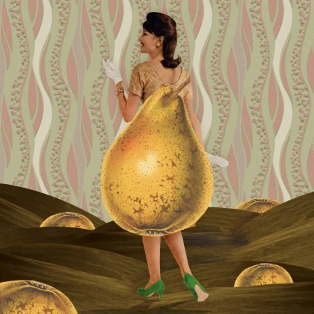 Whimsical collage art featuring a woman in a gold dress and green heels, superimposed with a large pear in a surreal landscape.