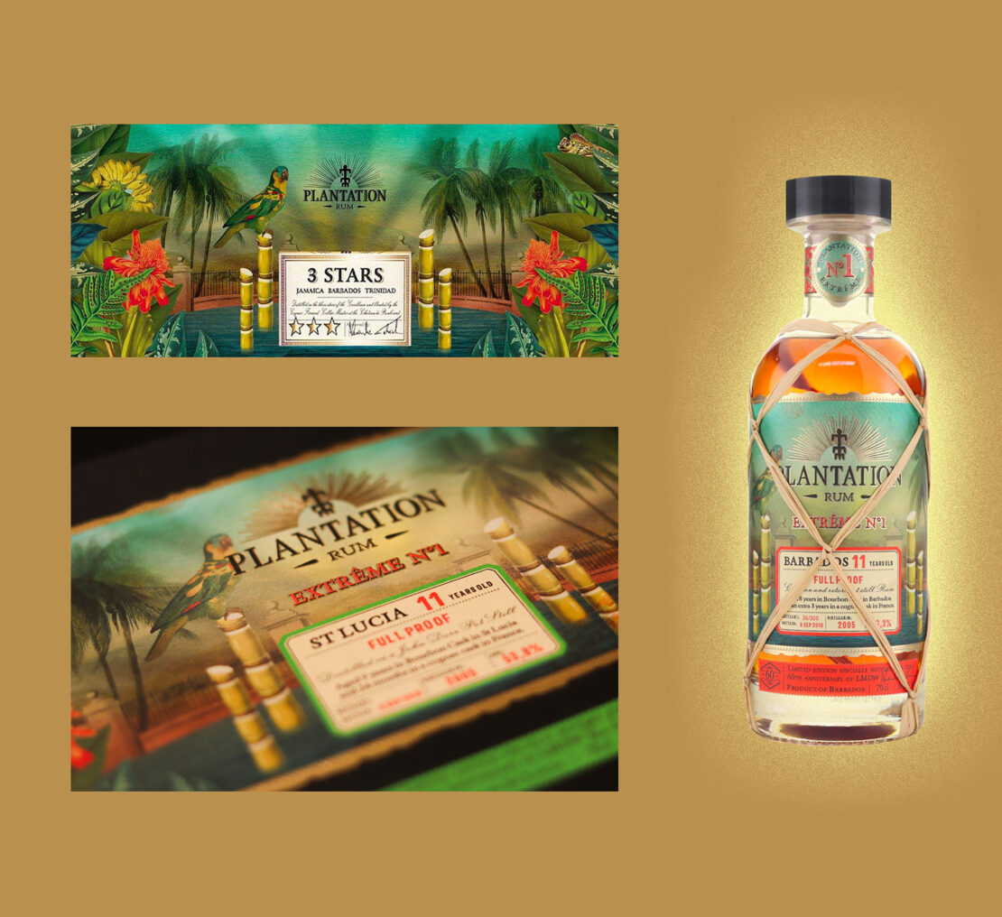 Bottle of Plantation Rum with palm tree illustration, featuring the brand's logo and bottle number, on a tan background. 