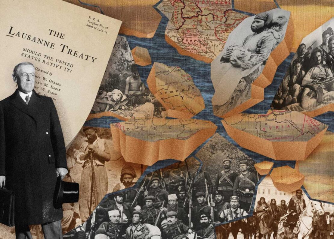 Collage with a portrait of Woodrow Wilson, historical documents, and scenes of armed conflicts against a textured background.