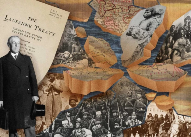 Collage with a portrait of Woodrow Wilson, historical documents, and scenes of armed conflicts against a textured background.