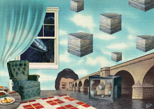 Surreal collage with a vintage television, bridge, floating cubes, and a woman's face with multiple eyes in an indoor setting.