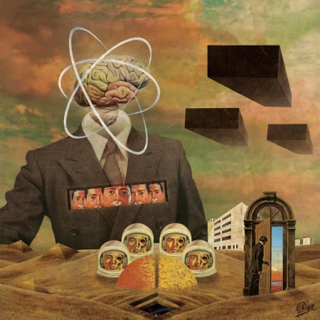 Surreal collage art featuring a man in a suit with a brain for a head, astronauts, pyramids, and floating rectangular shapes.