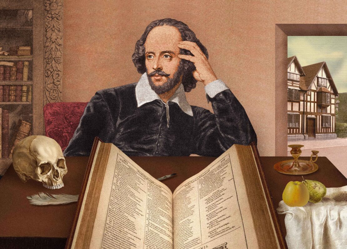 Illustration of William Shakespeare seated at a desk with an open book, a skull, a quill, and fruit; a building is visible through the door.