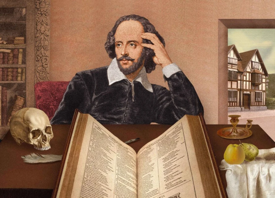 Illustration of William Shakespeare seated at a desk with an open book, a skull, a quill, and fruit; a building is visible through the door.