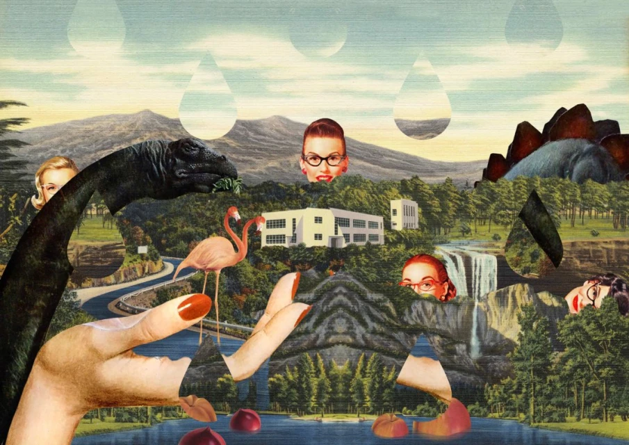 Surreal collage art featuring dinosaurs, vintage portraits, hands with painted nails, and pink flamingos in a landscape setting.