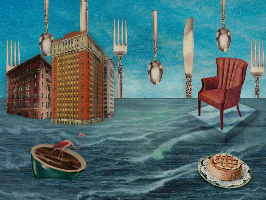 Surreal collage of buildings in water with cutlery, armchair, cake, and flamingo. Artistic composition with contrasting elements.