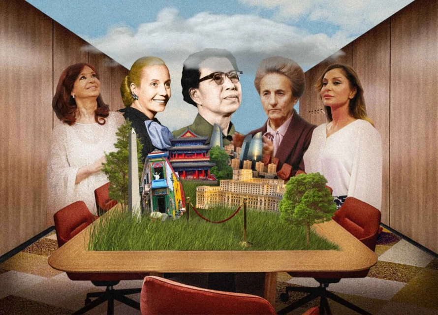 Photo collage of five female leaders superimposed over a conference table with miniature models of global landmarks and office interior.