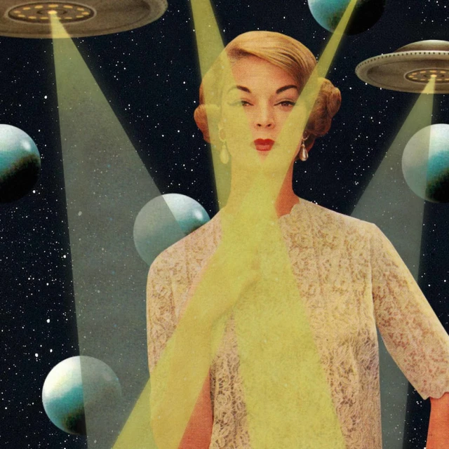 Retro sci-fi art featuring a vintage woman surrounded by UFOs and planets, bathed in yellow light beams against a starry space backdrop.