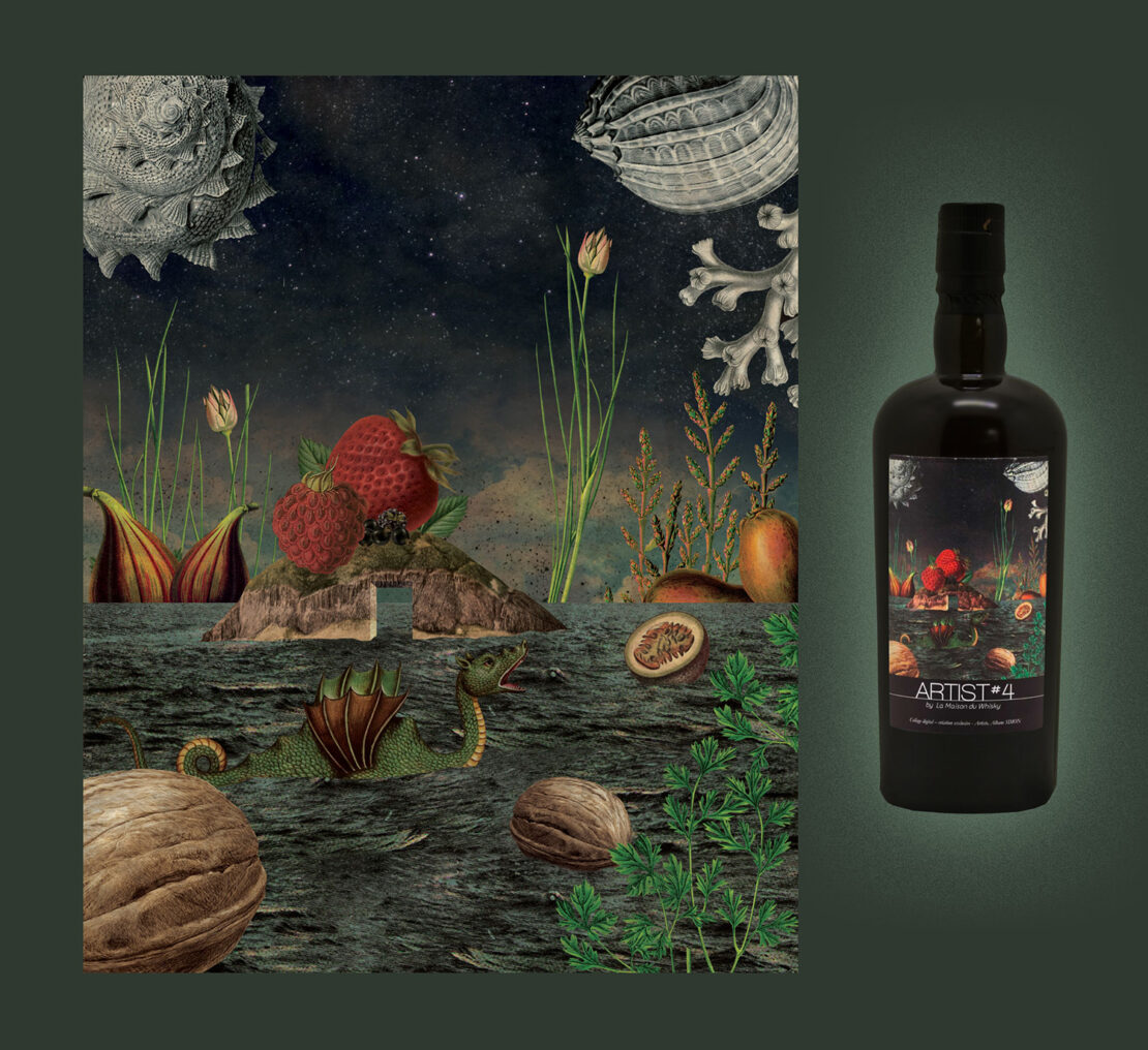 Stylized bottle with fruit and sea creature illustration on a dark green backdrop, blending art and refreshment in a unique still life.