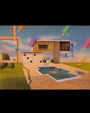 Surreal scene features an outdoor swimming pool, lawn, and building juxtaposed with floating popsicles against a blue sky in a collage style.