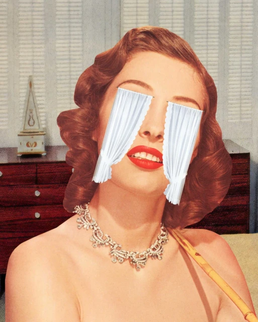 Collage of a woman with auburn hair, red lips, diamond necklace and curtains over her eyes, indoors with a vanity in the background.