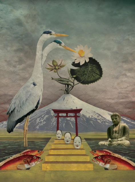 Surreal collage featuring two herons, a red torii gate, Buddha statue, face masks, carp, waterlilies, and Mount Fuji against a cloudy sky.