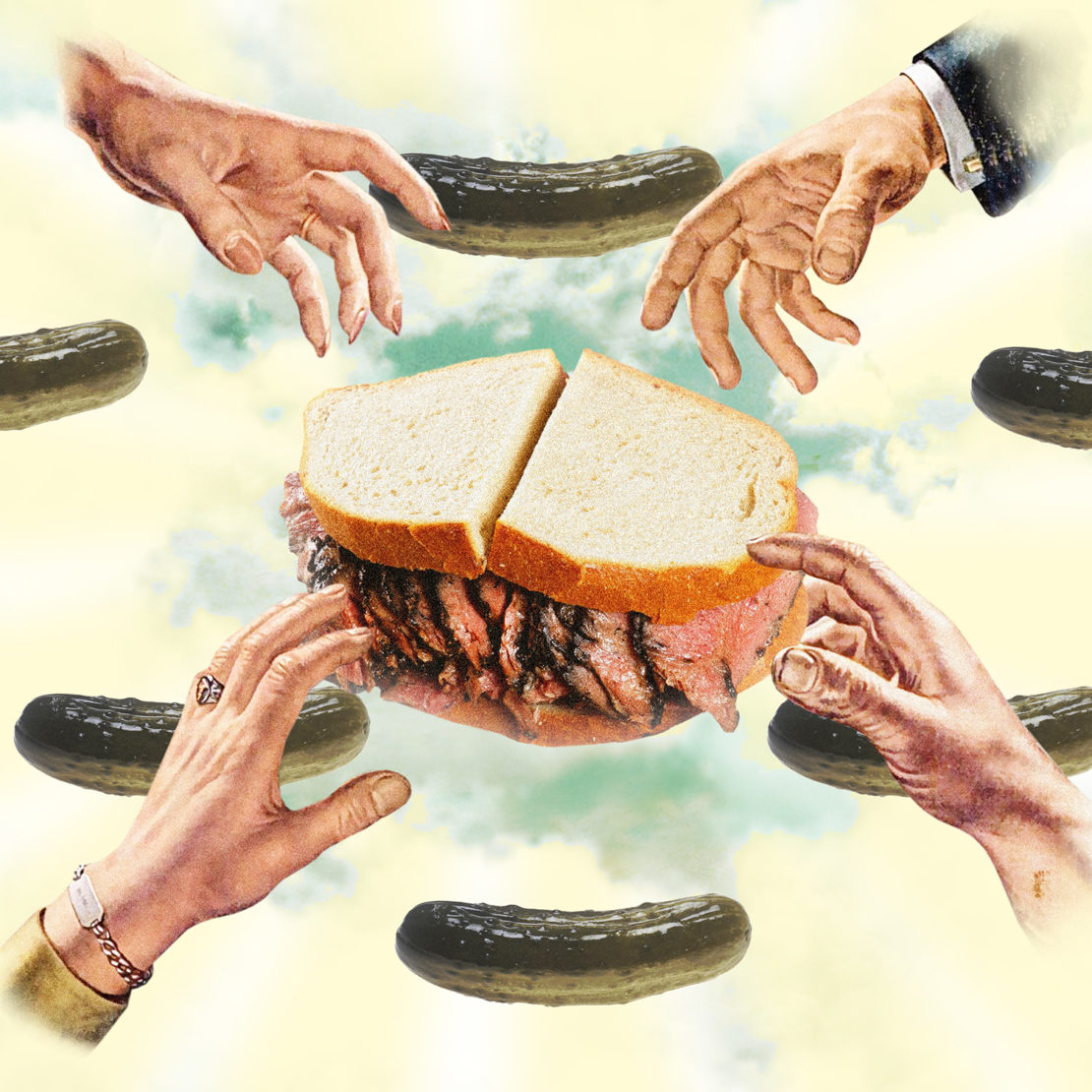 Surreal art featuring a sandwich with deli meat held by hands, surrounded by several pickles against a cloud-like background.