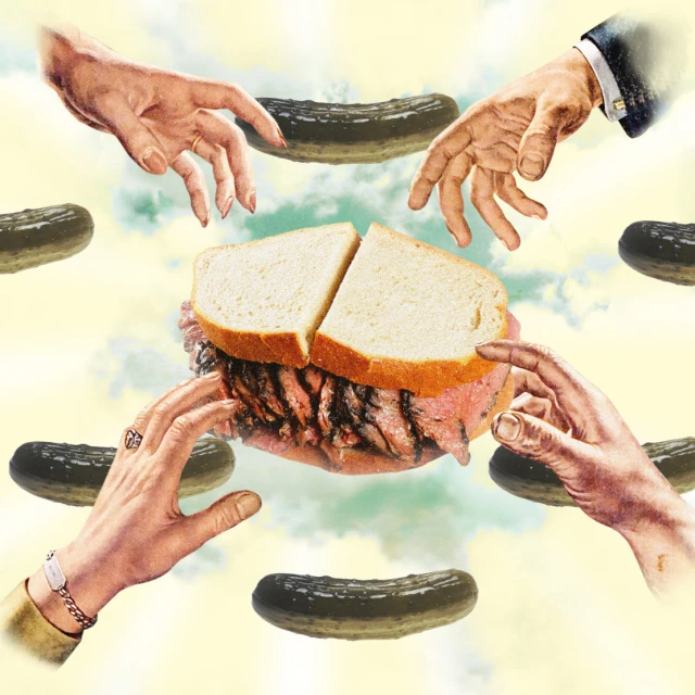 Surreal art featuring a sandwich with deli meat held by hands, surrounded by several pickles against a cloud-like background.