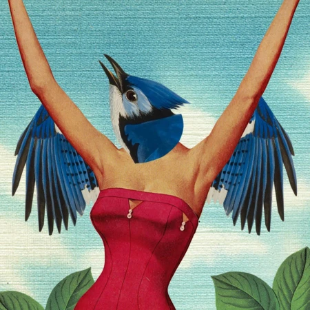 Collage of a person with a bird's head wearing a red dress against a light blue sky with leafy plants in the foreground.