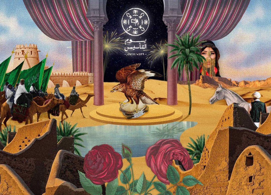 Artistic collage featuring Saudi Arabian cultural symbols: camels, riders, desert landscapes, and the Saudi Arabian flag, in a vintage style.