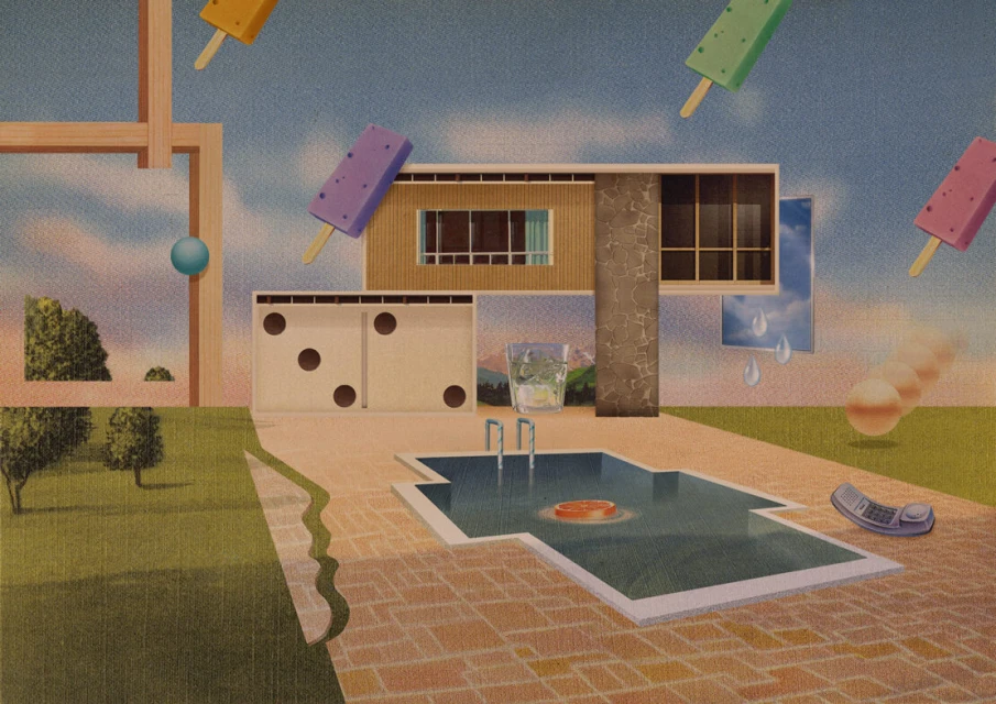 Surreal architectural rendering featuring a modern house, pool, floating ice cream bars, spheres, and a glass of water under a sky.