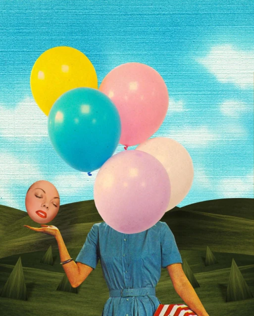 Surreal collage of a woman in a blue dress holding a head with balloons in a field under a blue sky with white clouds.