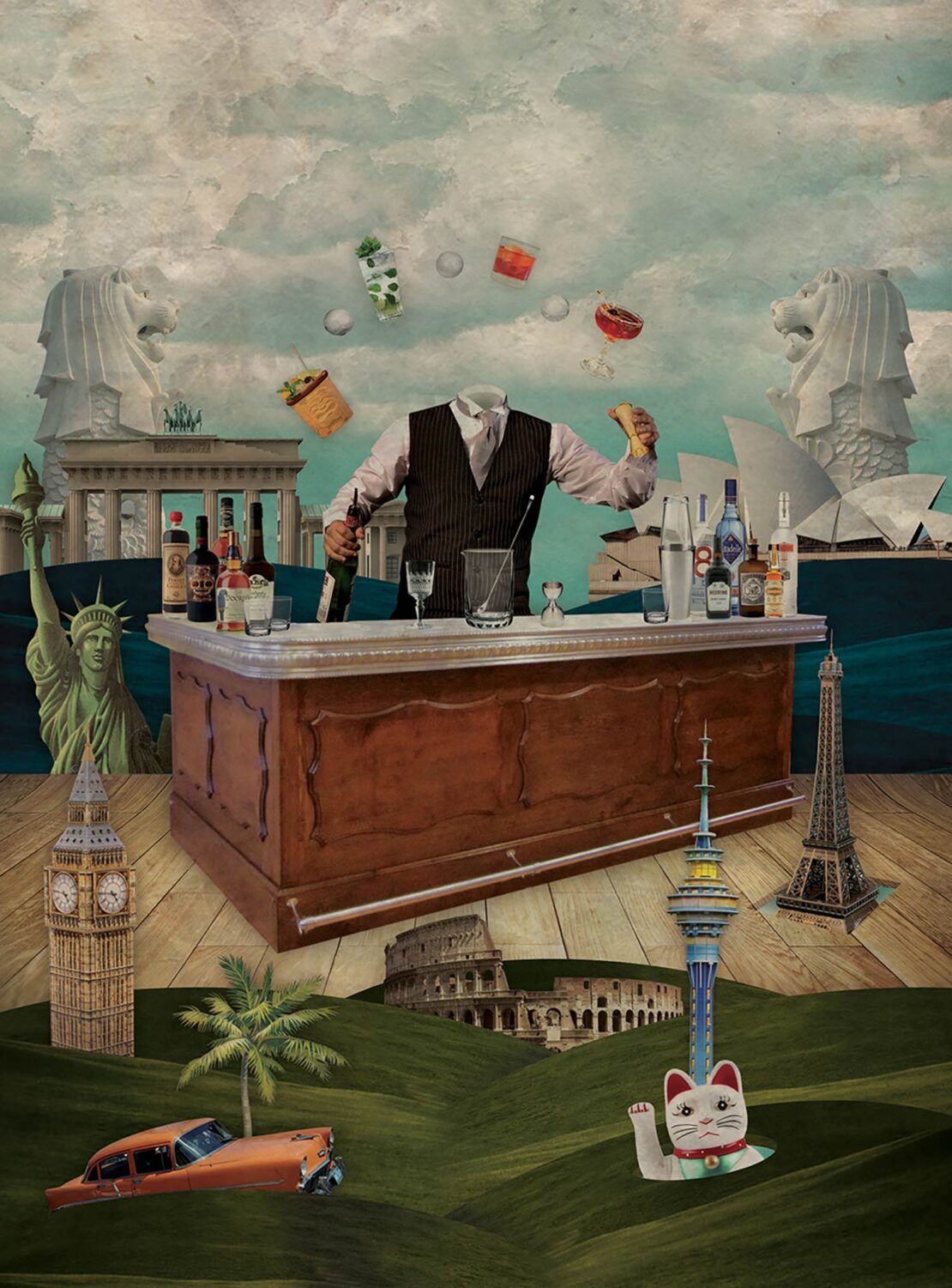 Surreal collage art features a headless bartender juggling cocktails behind a bar, with world landmarks and green hills in the background.