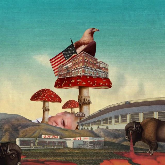 Surreal collage: an eagle perches atop a mushroom-supported hotel with a flag, juxtaposed with a sleeping face, bison, and retro buildings.