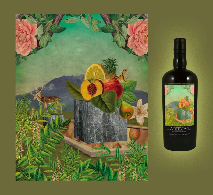 Art collage featuring a bottle, fruit, plants, marble, and mountain. A still life composition with a vintage aesthetic and rich colors.