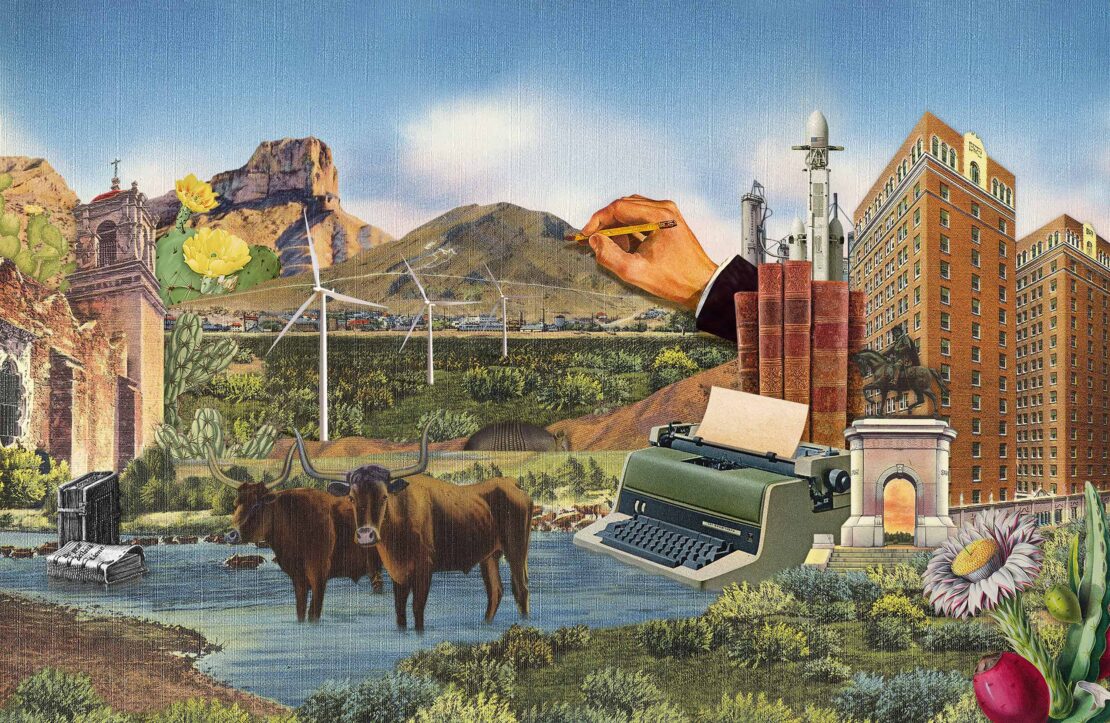 Whimsical collage with longhorn cattle in water, windmills, mission, buildings, and a hand holding pencil, evoking a surreal Texas landscape.