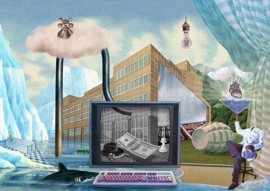 Surreal digital art piece featuring a flooded industrial landscape, a shark, a building, and an analyst in a chair observing a screen.
