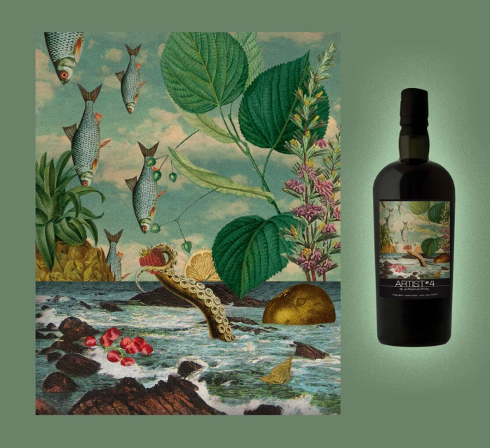 Artistic label featuring a botanical and ocean collage design with fish and flowers, showcased next to a dark green bottle on a matching green backdrop.
