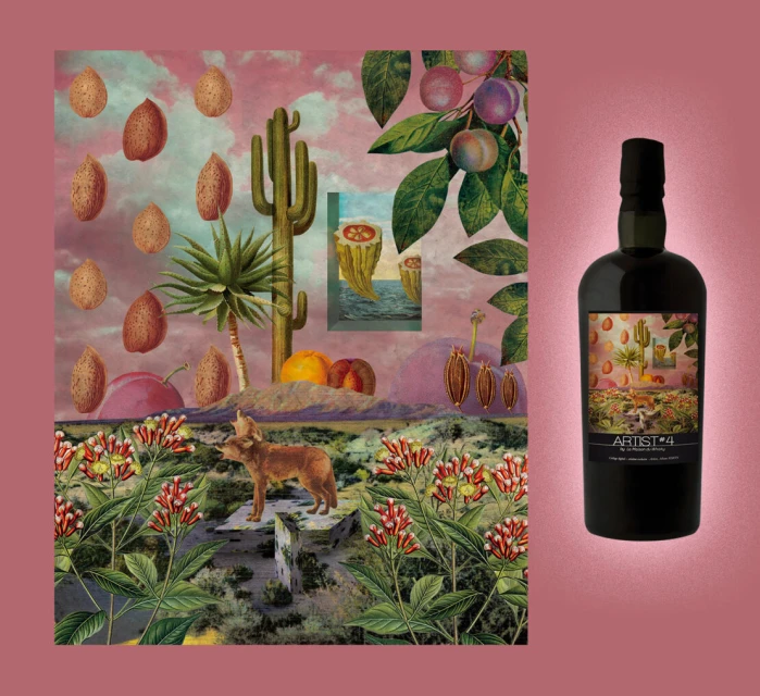 Artwork collage featuring a desert scene with a canine standing on rocks, set against a bottle of whisky. Pink and green hues dominate.