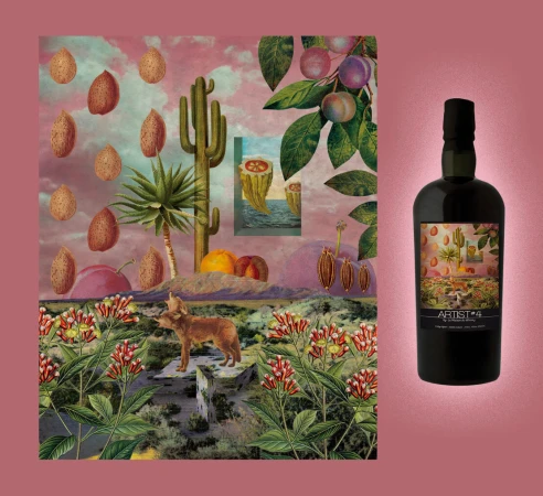 Artwork collage featuring a desert scene with a canine standing on rocks, set against a bottle of whisky. Pink and green hues dominate.