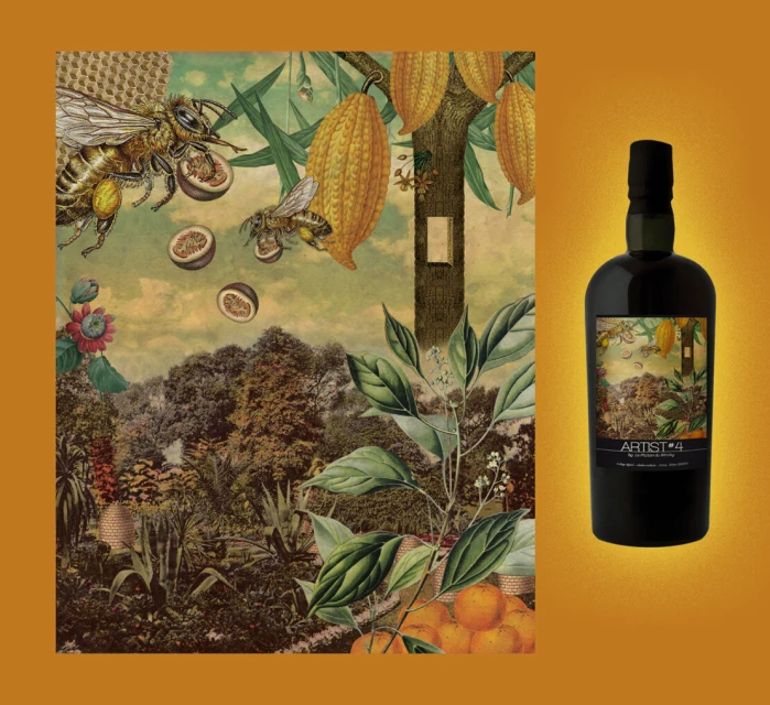 An illustration-style advertisement for Artist #4 whiskey, featuring a whiskey bottle next to a vintage-style natural history illustration.