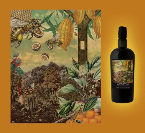 An illustration-style advertisement for Artist #4 whiskey, featuring a whiskey bottle next to a vintage-style natural history illustration.