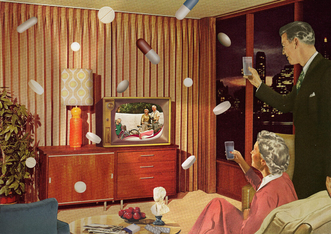 Retro collage of a couple watching TV with pills floating around in a living room with a city view, creating a surreal scene.