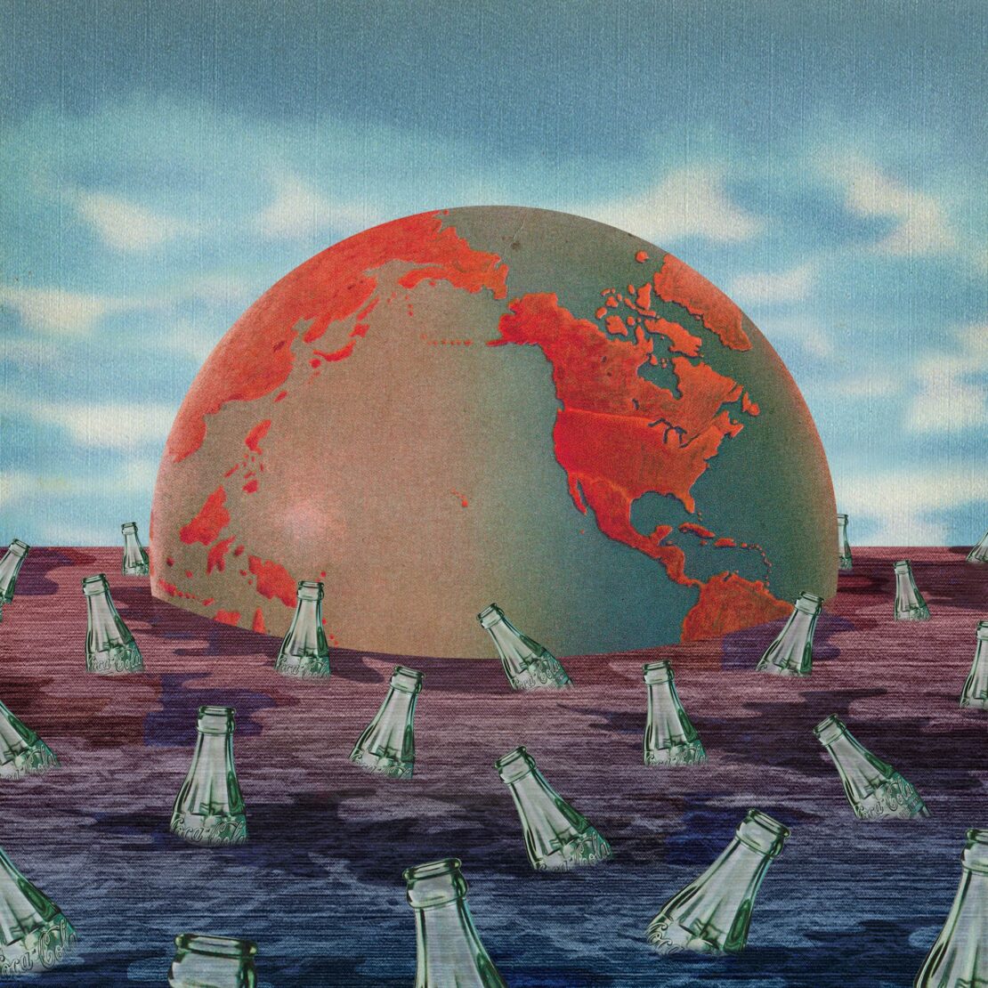 Surreal illustration of a vintage-style world globe surrounded by partially submerged glass bottles on a textured sea under a cloudy sky.
