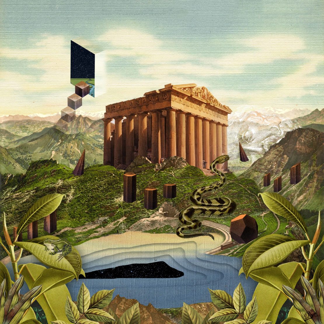 Illustration of an ancient Greek temple on a grassy hill, featuring a snake, geometric shapes, and a sky with clouds.