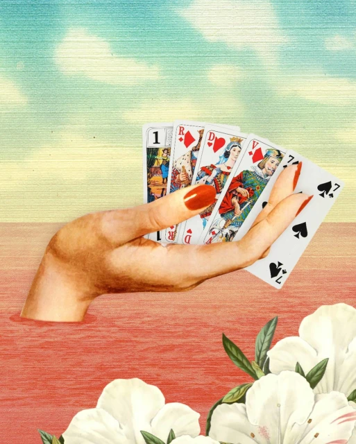 Surreal collage art of a hand emerging from water holding playing cards with red nails, against a cloudy sky backdrop.