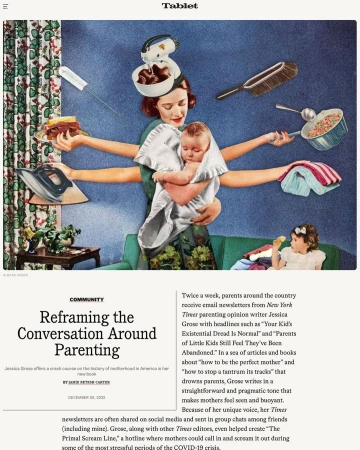 Vintage-style illustration of a multi-tasking mother holding a baby surrounded by household objects; commentary on parenting themes.